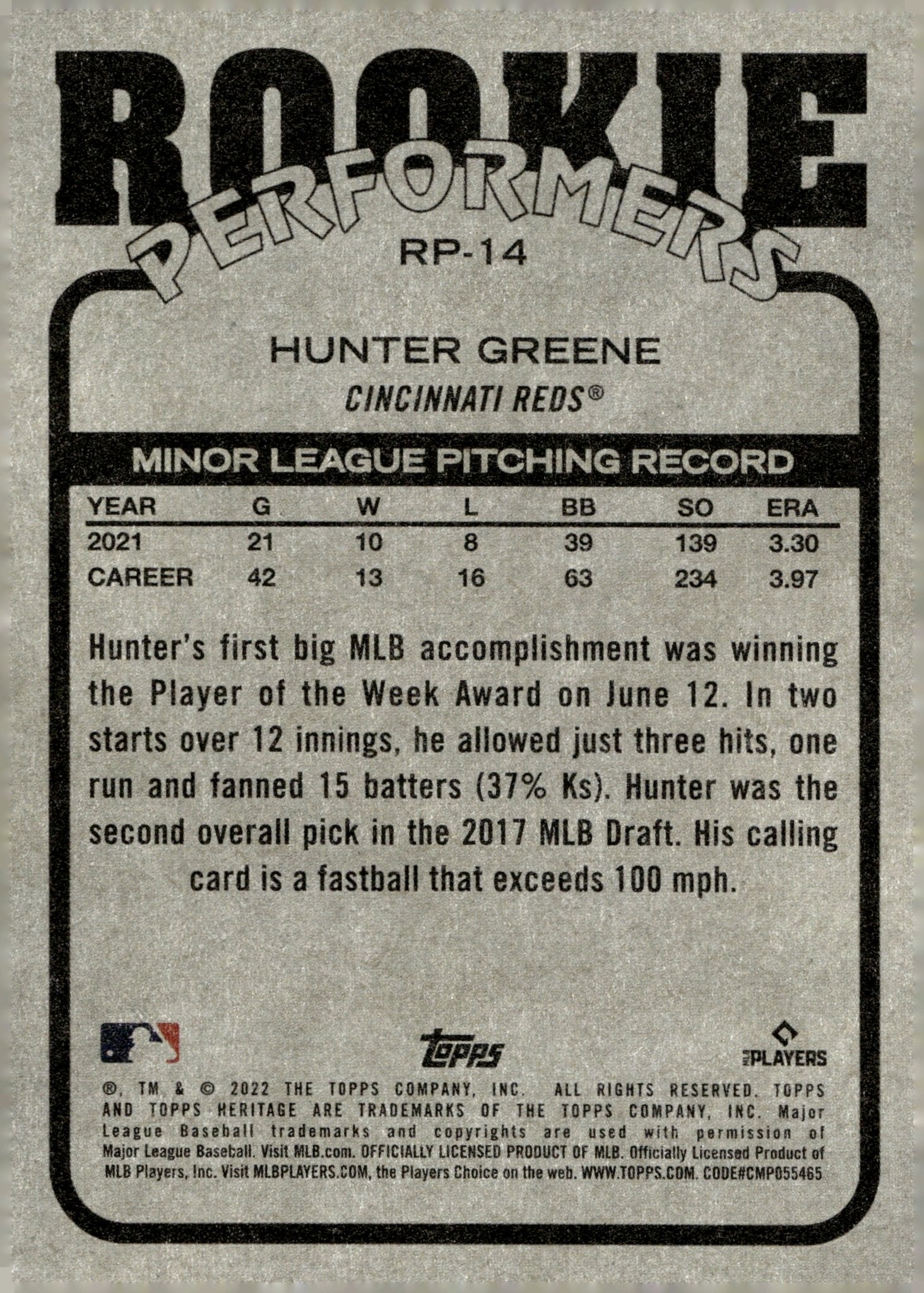 Hunter Greene 2022 Topps Heritage Rookie Performers RC RP - 14 - Collector Store LLC