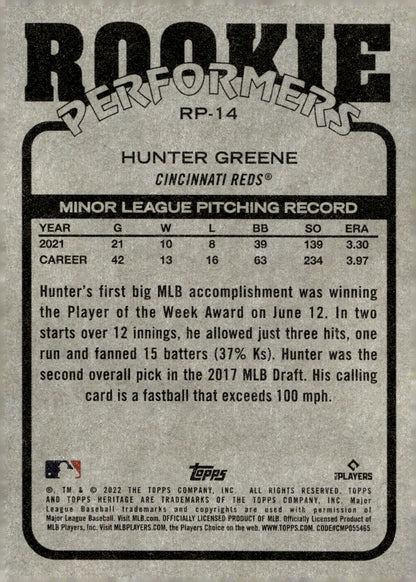Hunter Greene 2022 Topps Heritage Rookie Performers RC RP - 14 - Collector Store LLC