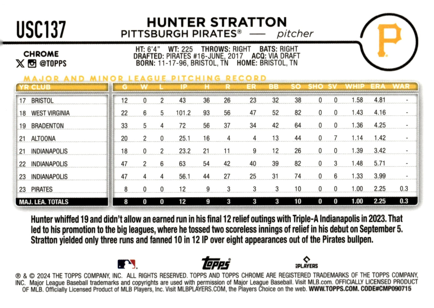 Hunter Stratton 2024 Topps Chrome Ray Wave Refractor RC #USC137 - Collector Store LLC