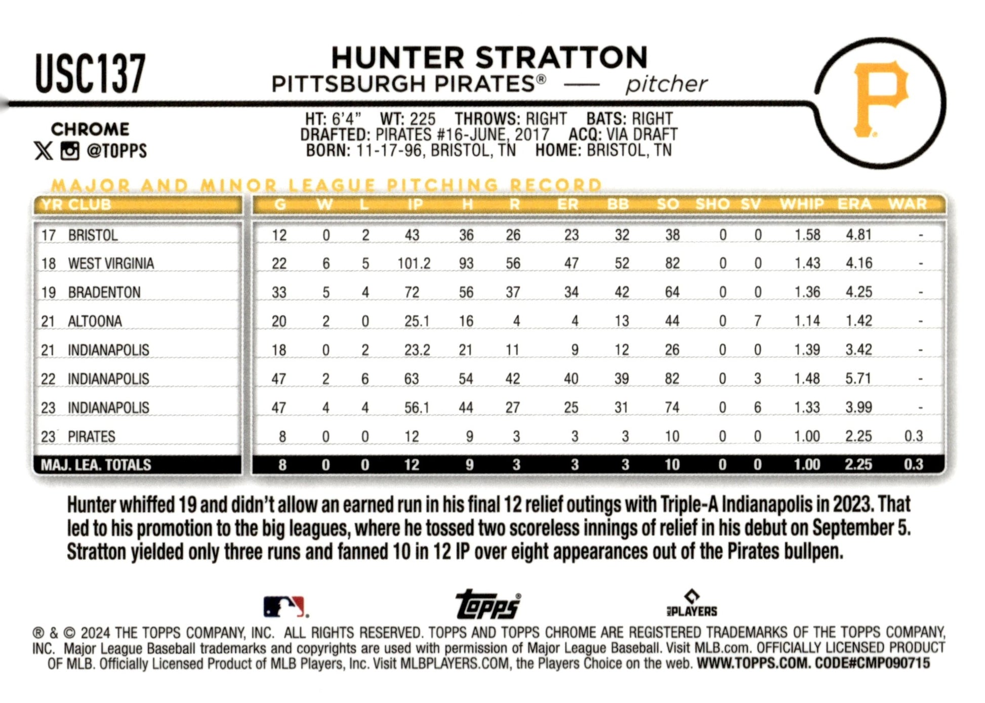 Hunter Stratton 2024 Topps Chrome Xfractor Refractor RC #USC137 - Collector Store LLC