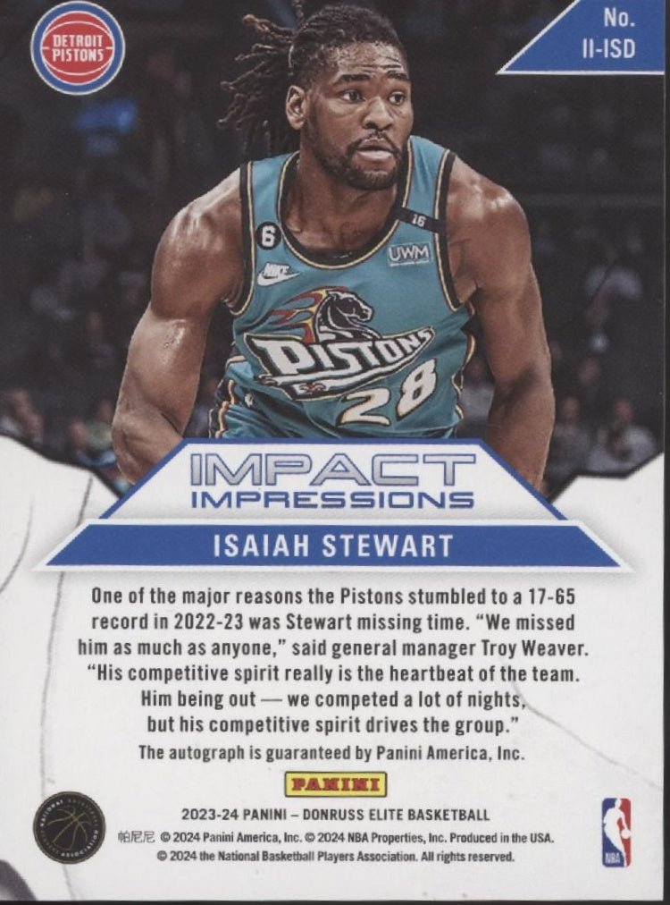 Isaiah Stewart 2023 - 24 Panini Donruss Elite Impact Impressions Auto #II - ISD - Collector Store LLC