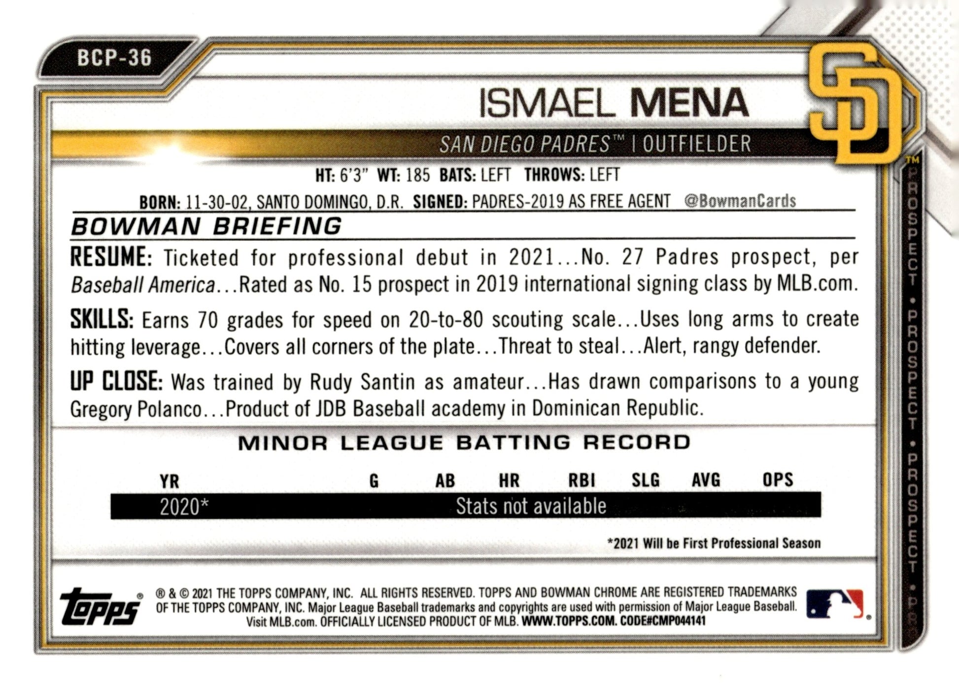 Ismael Mena 2021 Bowman Chrome Prospect #BCP - 36 - Collector Store LLC