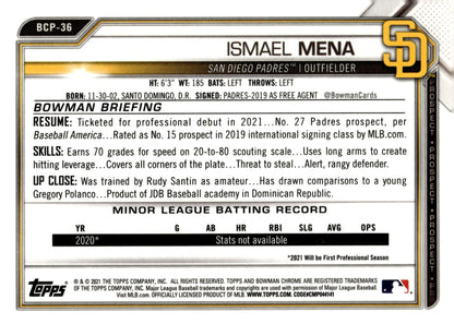 Ismael Mena 2021 Bowman Chrome Prospect #BCP - 36 - Collector Store LLC