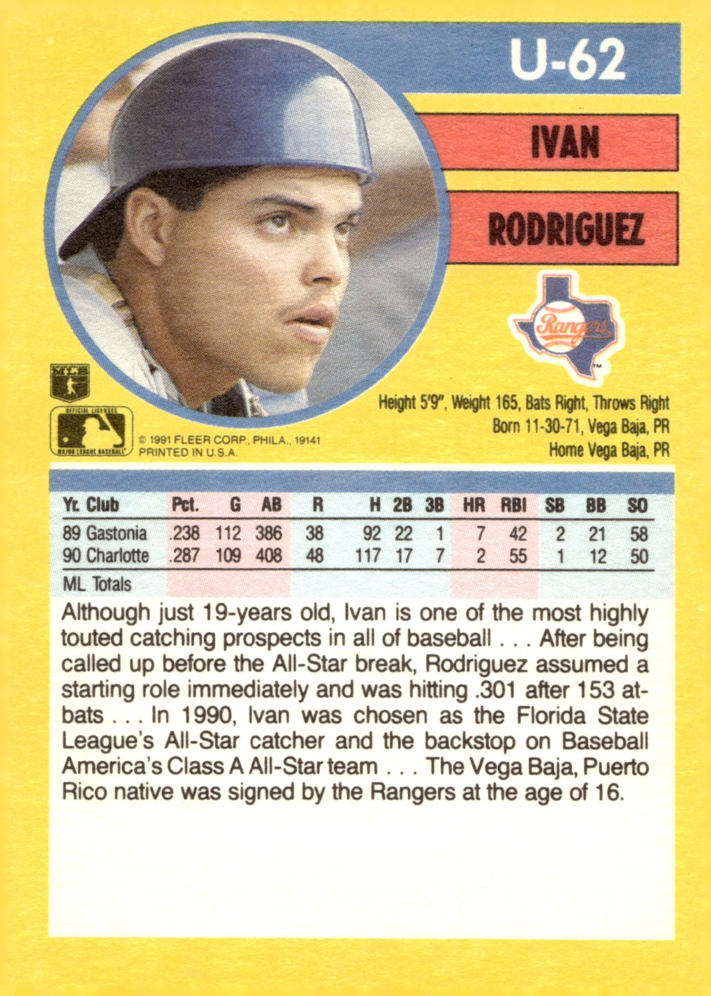 Ivan Rodriguez 1991 Fleer Update RC #U - 62 #2 - Collector Store LLC