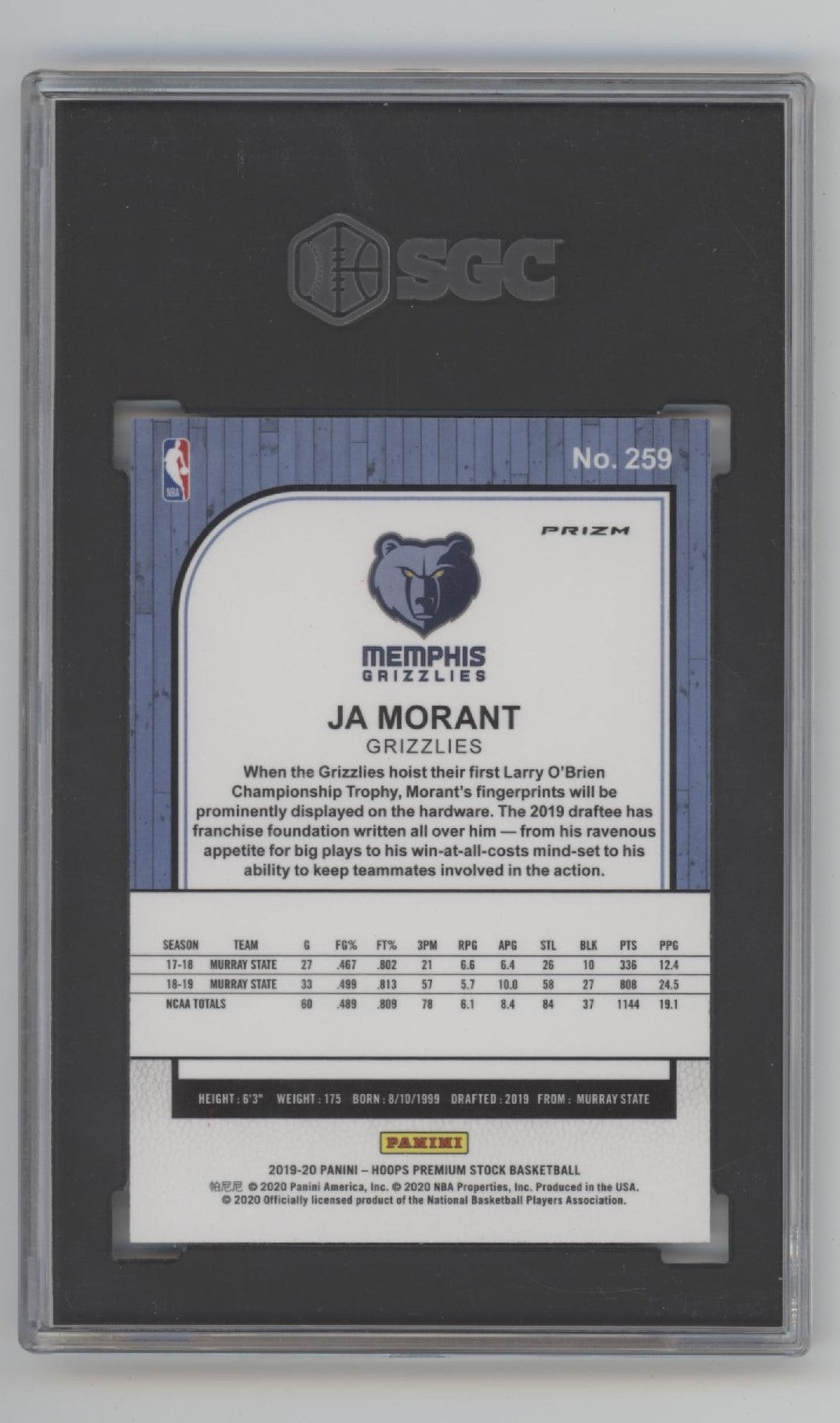 Ja Morant 2019 - 20 Panini Hoops Premium Stock Silver Prizm RC 259 SGC 9 - Collector Store LLC