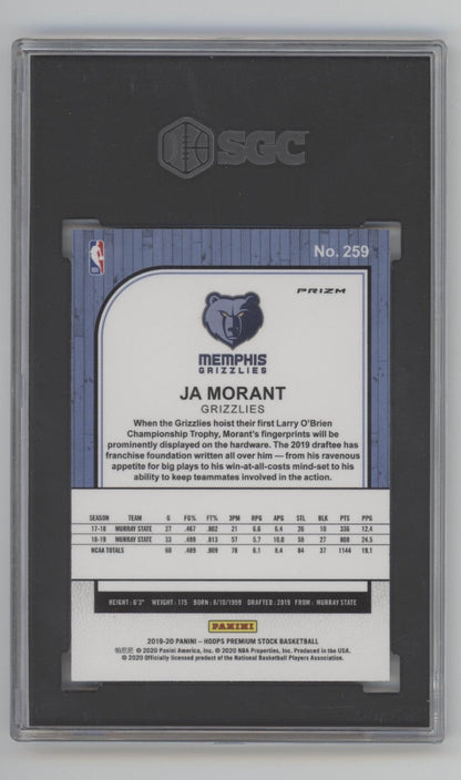 Ja Morant 2019 - 20 Panini Hoops Premium Stock Silver Prizm RC 259 SGC 9 - Collector Store LLC