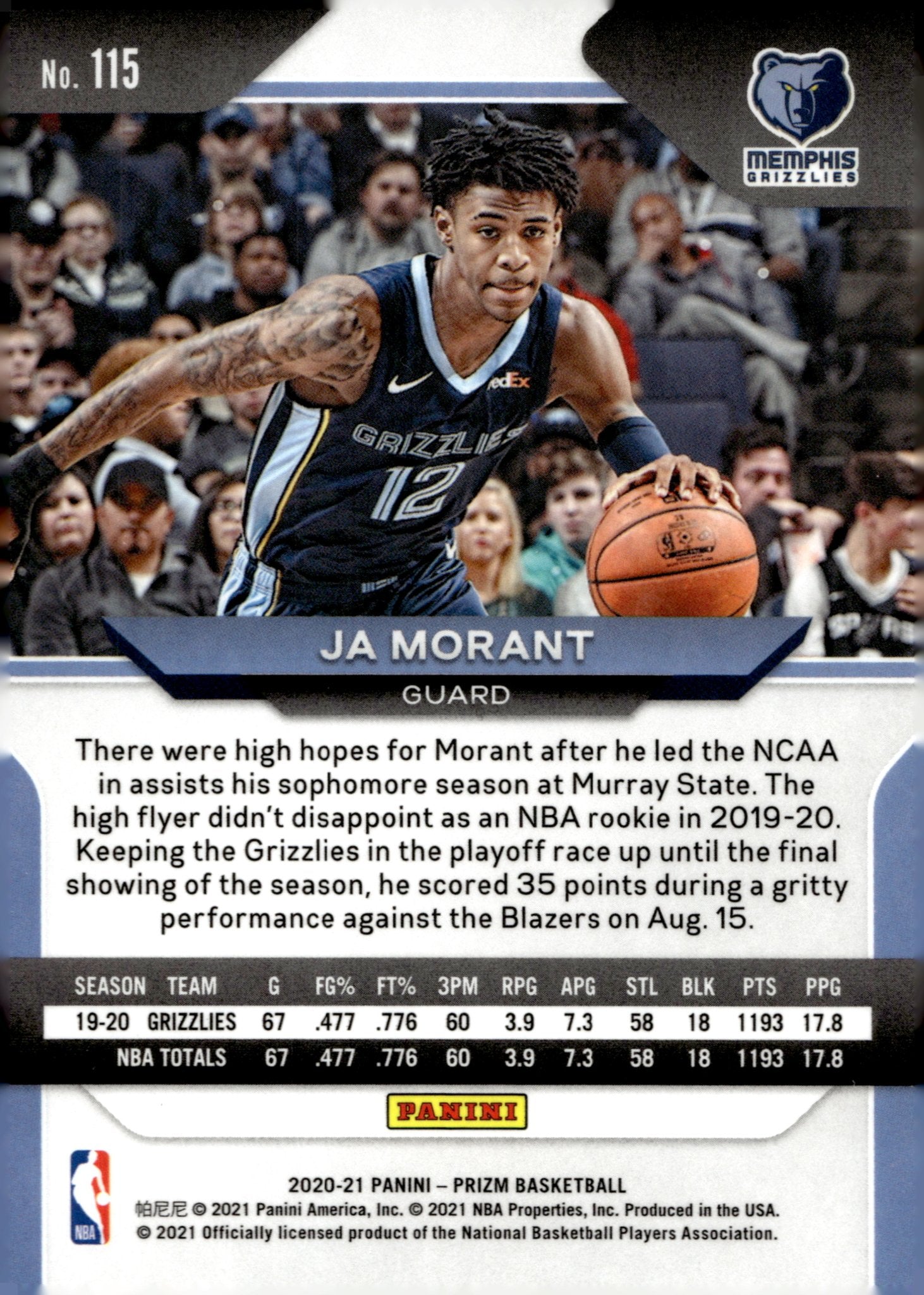 Ja Morant 2020 - 21 Panini Prizm #115 #2 - Collector Store LLC