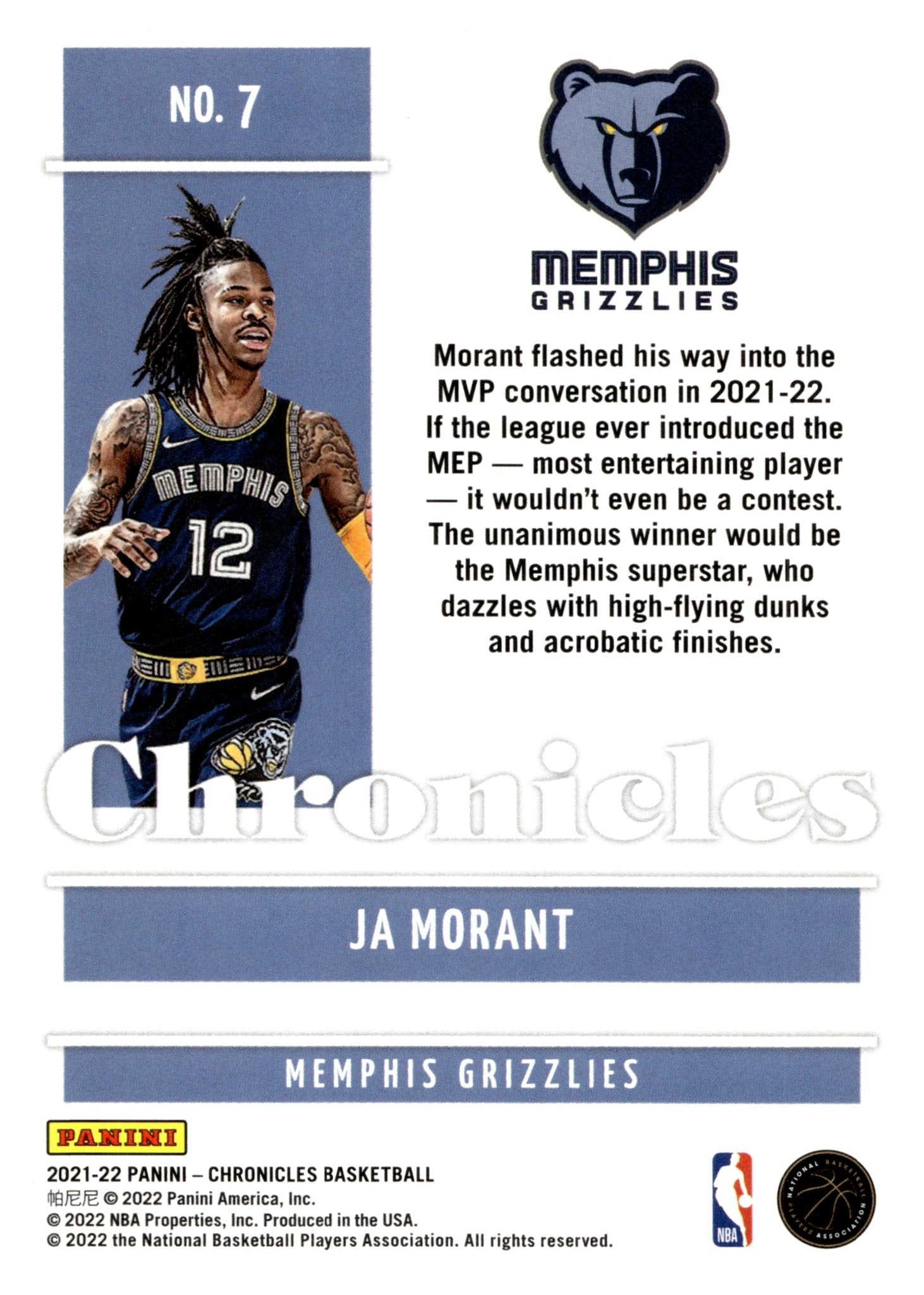 Ja Morant 2021 - 22 Panini Chronicles #7 - Collector Store LLC