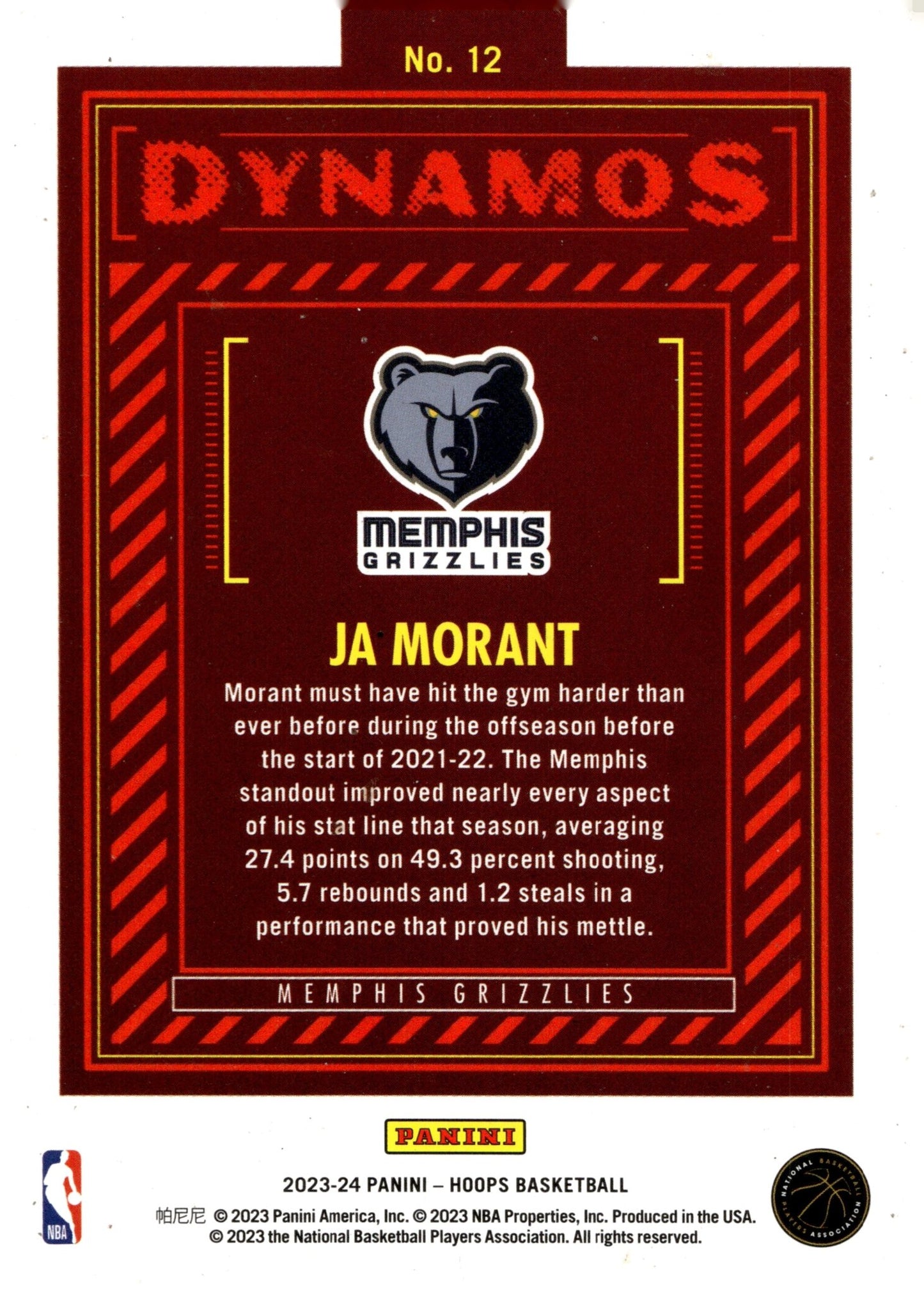 Ja Morant 2023 - 24 Panini Hoops Dynamos #12 - Collector Store LLC