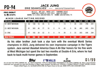 Jace Jung 2024 Topps Pro Debut Green Foil 01/99 #PD - 94 - Collector Store LLC