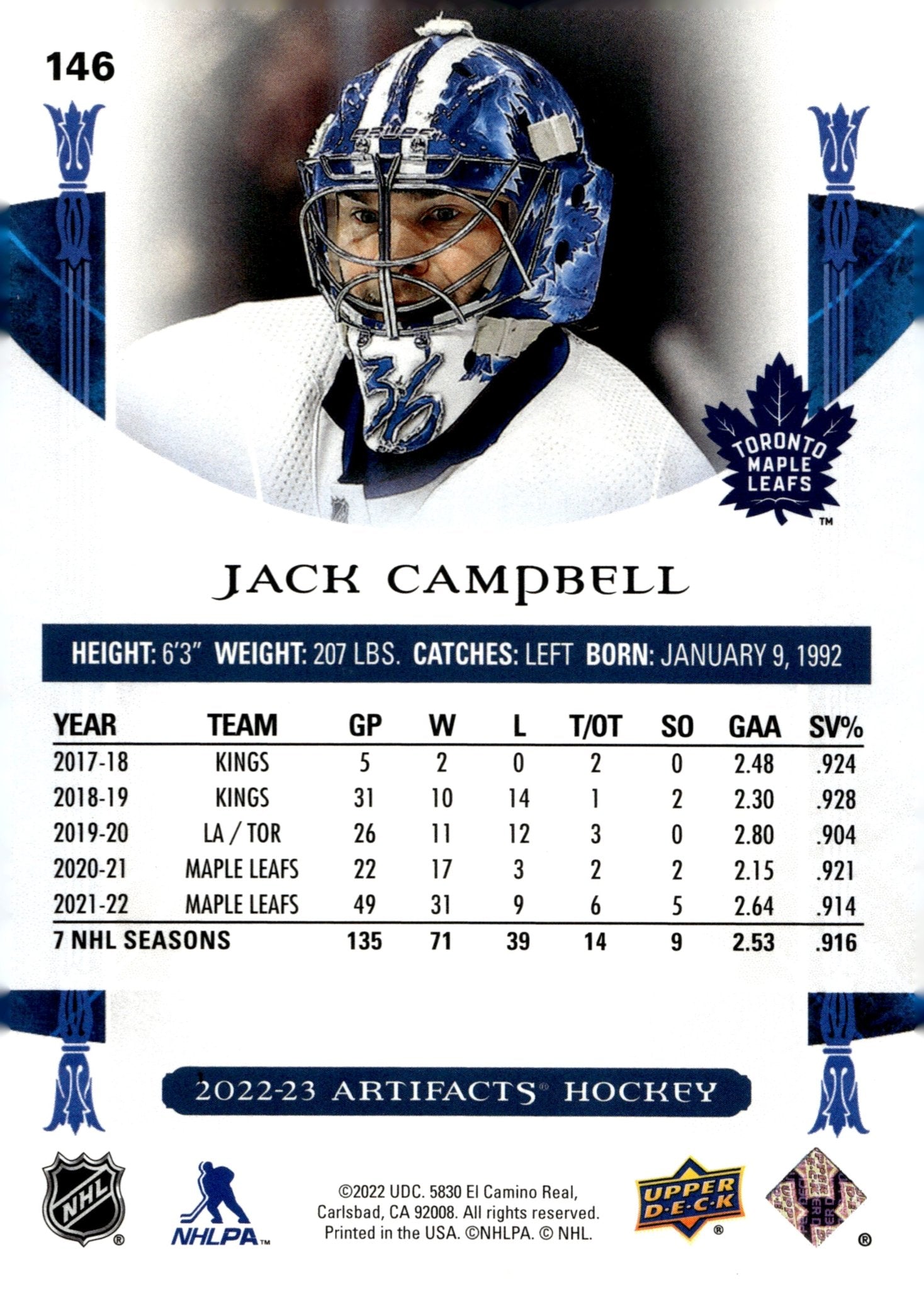 Jack Campbell 2022 - 23 Upper Deck Artifacts Bronze 274/299 #146 - Collector Store LLC