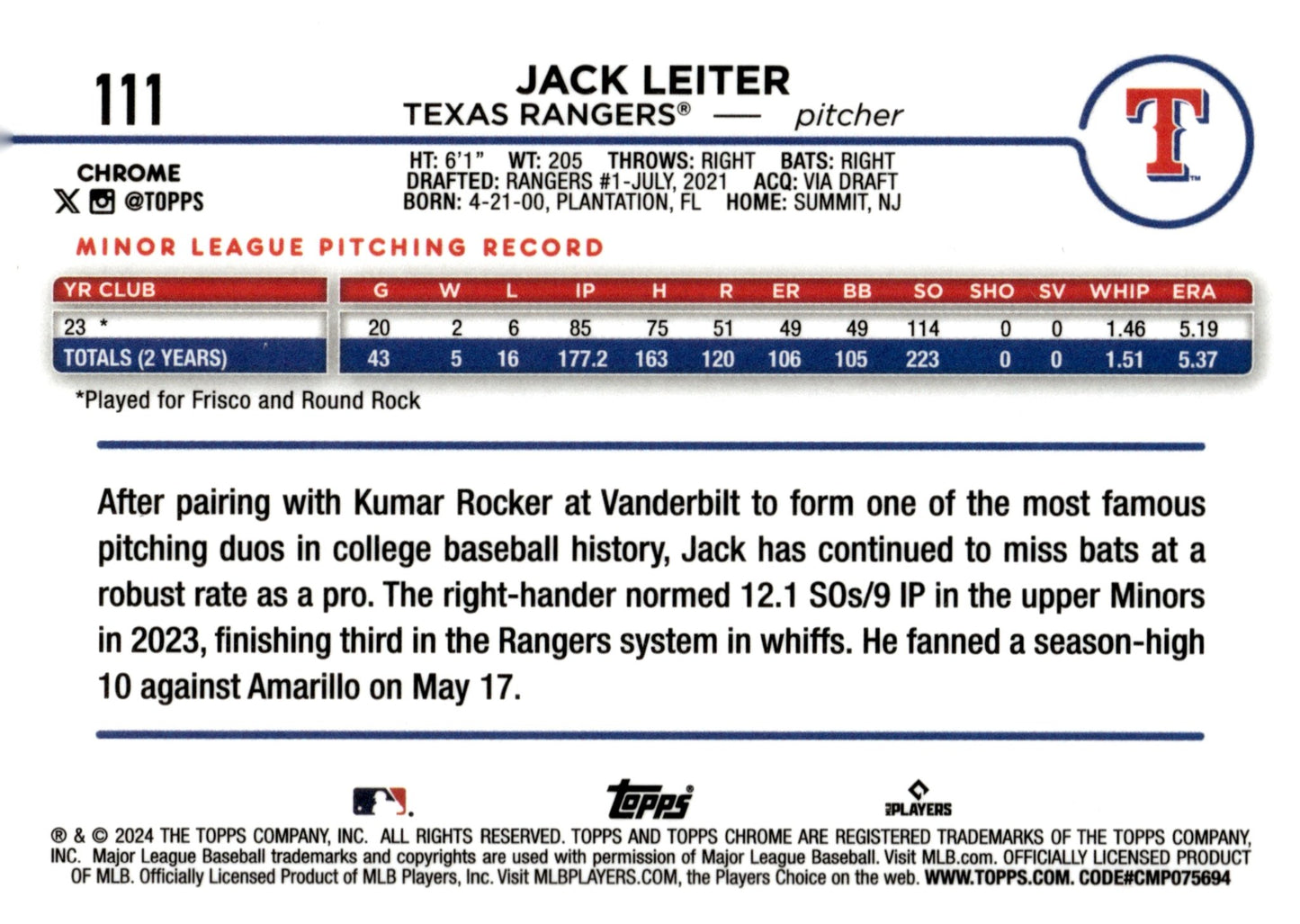 Jack Leiter 2024 Topps Chrome Aqua Lava Refractor RC 061/199 #111 - Collector Store LLC