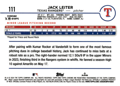 Jack Leiter 2024 Topps Chrome Aqua Lava Refractor RC 061/199 #111 - Collector Store LLC