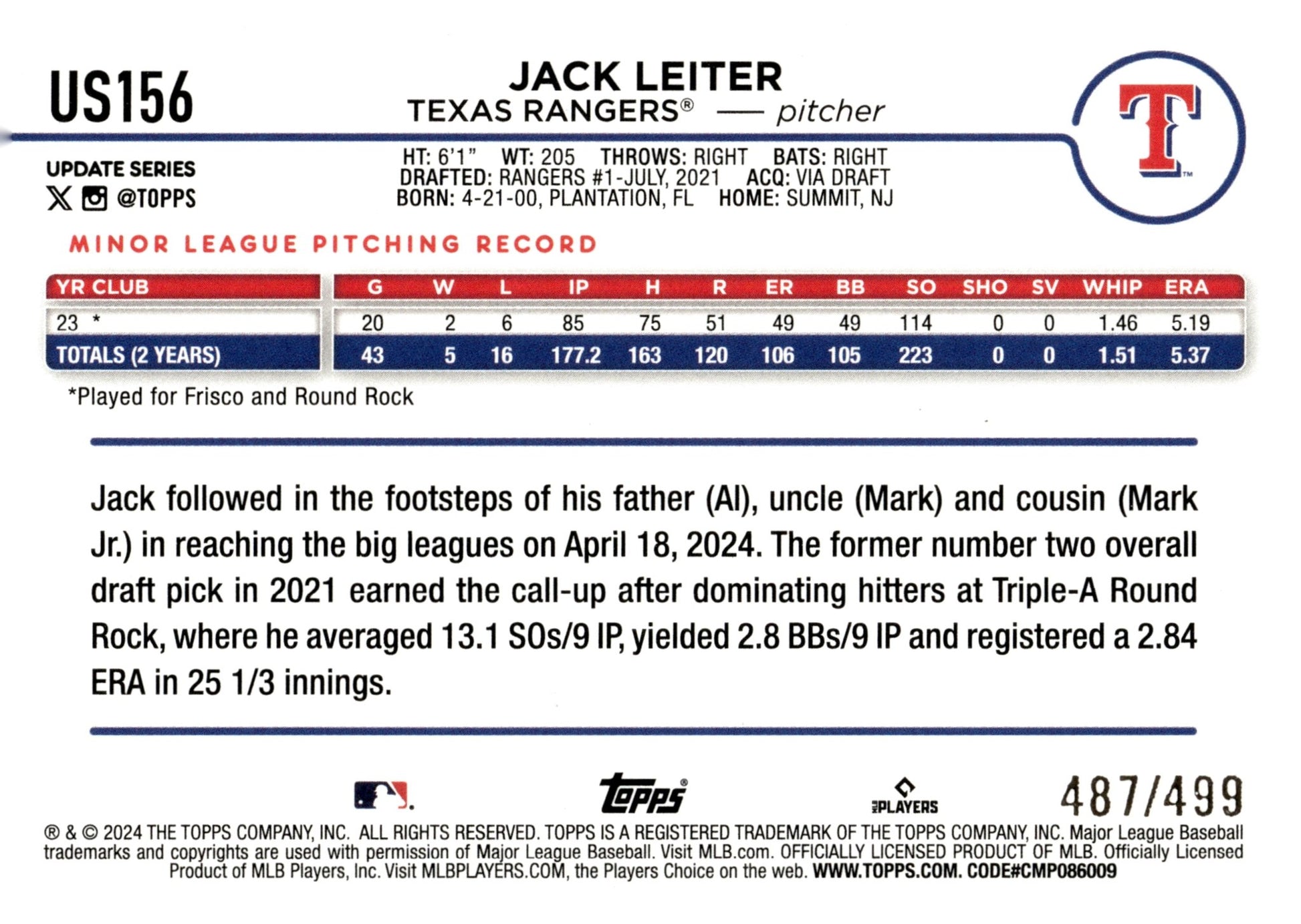 Jack Leiter 2024 Topps Update Series Green Foilboard RC 487/499 #US156 - Collector Store LLC
