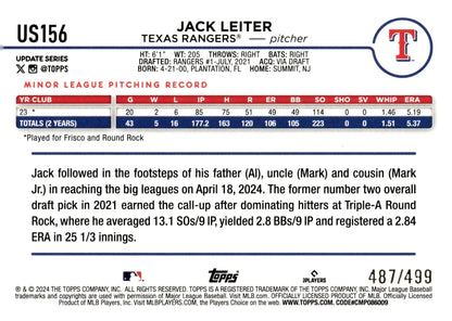Jack Leiter 2024 Topps Update Series Green Foilboard RC 487/499 #US156 - Collector Store LLC