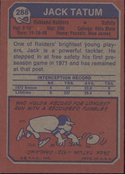 Jack Tatum 1973 Topps RC #288 Oakland Raiders VG - EX #1 - Collector Store LLC