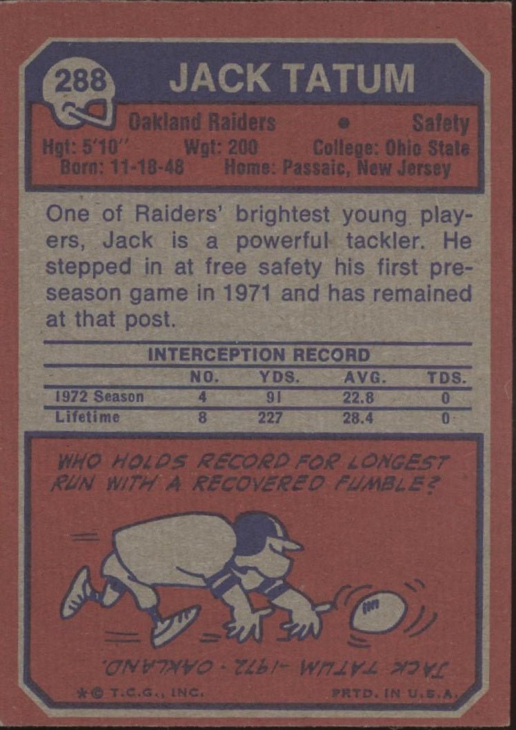 Jack Tatum 1973 Topps RC #288 Oakland Raiders VG - EX #2 - Collector Store LLC