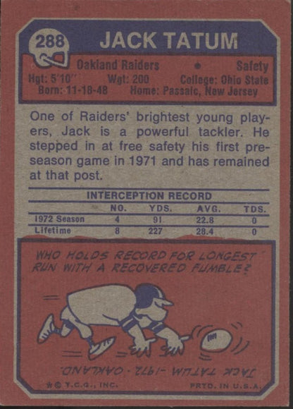 Jack Tatum 1973 Topps RC #288 Oakland Raiders VG - EX #3 - Collector Store LLC