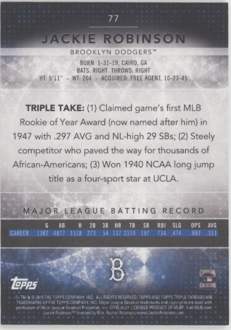 Jackie Robinson 2015 Topps Triple Threads #77 - Collector Store LLC