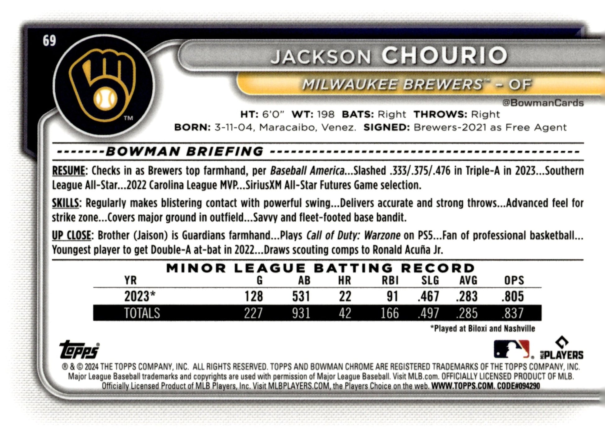 Jackson Chourio 2024 Bowman Chrome Mojo Refractor RC #69 #4 - Collector Store LLC