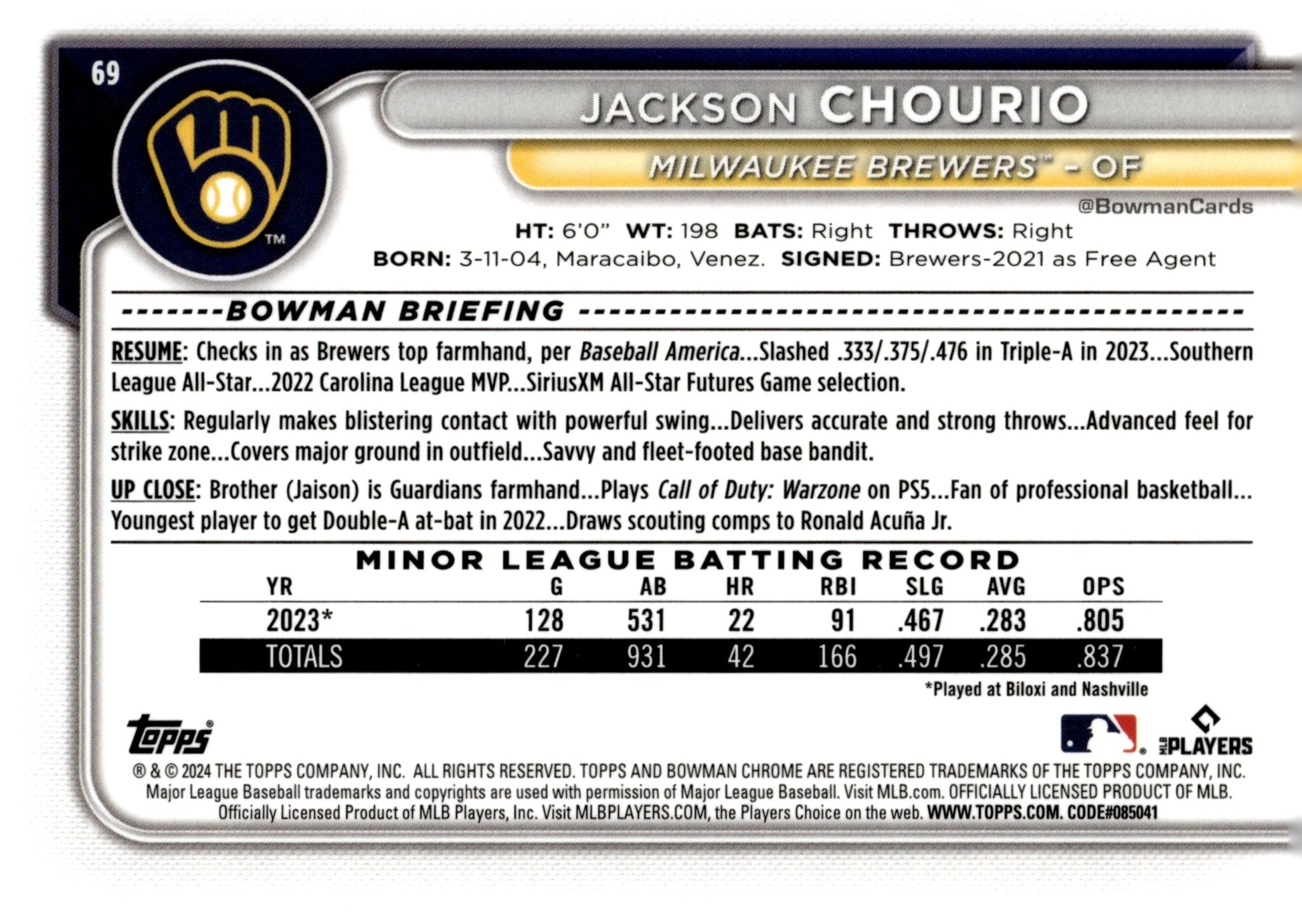 Jackson Chourio 2024 Bowman Chrome RC #69 - Collector Store LLC