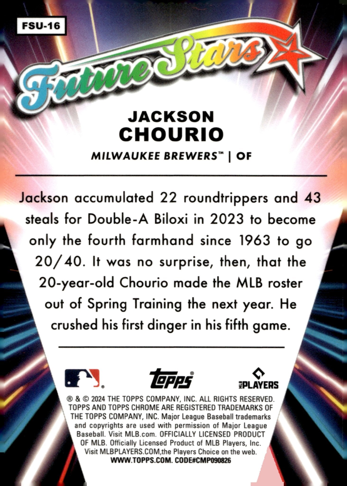 Jackson Chourio 2024 Topps Chrome Future Stars Refractor RC FSU - 16 1 - Collector Store LLC
