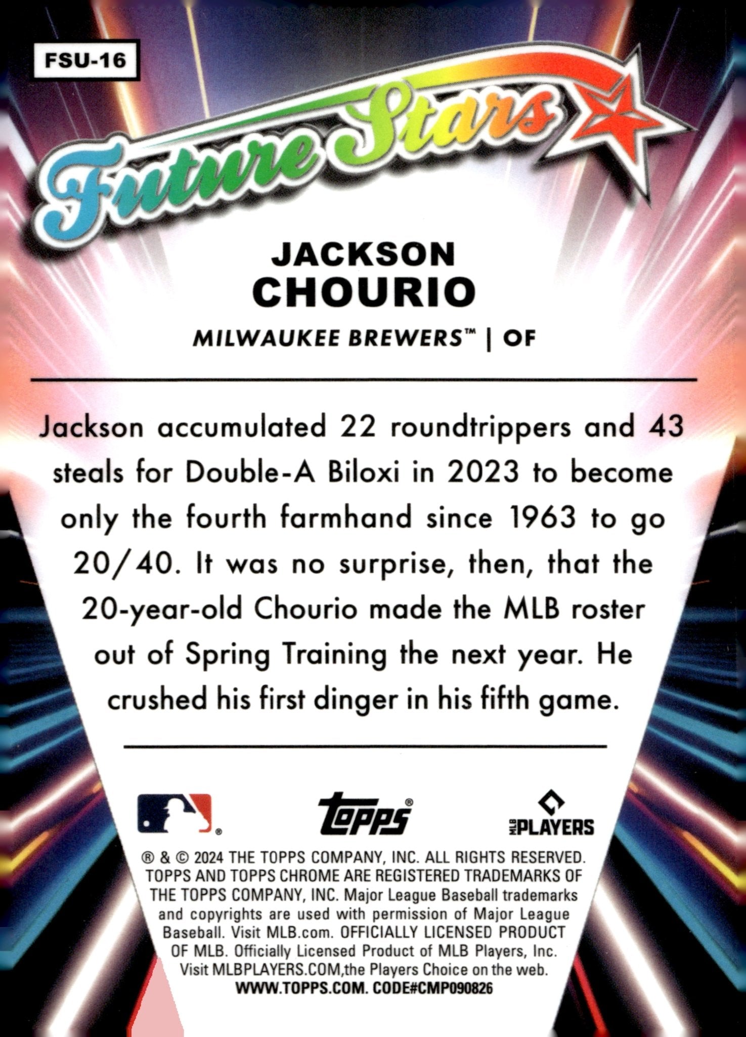 Jackson Chourio 2024 Topps Chrome Future Stars Refractor RC FSU - 16 3 - Collector Store LLC