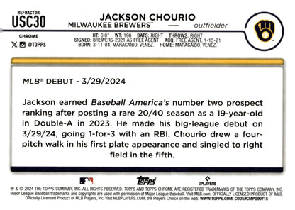 Jackson Chourio 2024 Topps Chrome Hyper Refractor RC #USC30 - Collector Store LLC