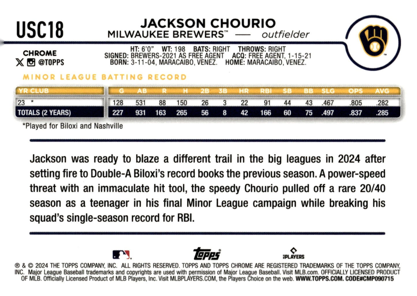 Jackson Chourio 2024 Topps Chrome RC #USC18 #1 - Collector Store LLC