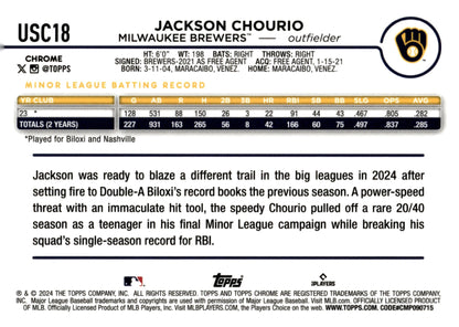 Jackson Chourio 2024 Topps Chrome RC #USC18 #1 - Collector Store LLC