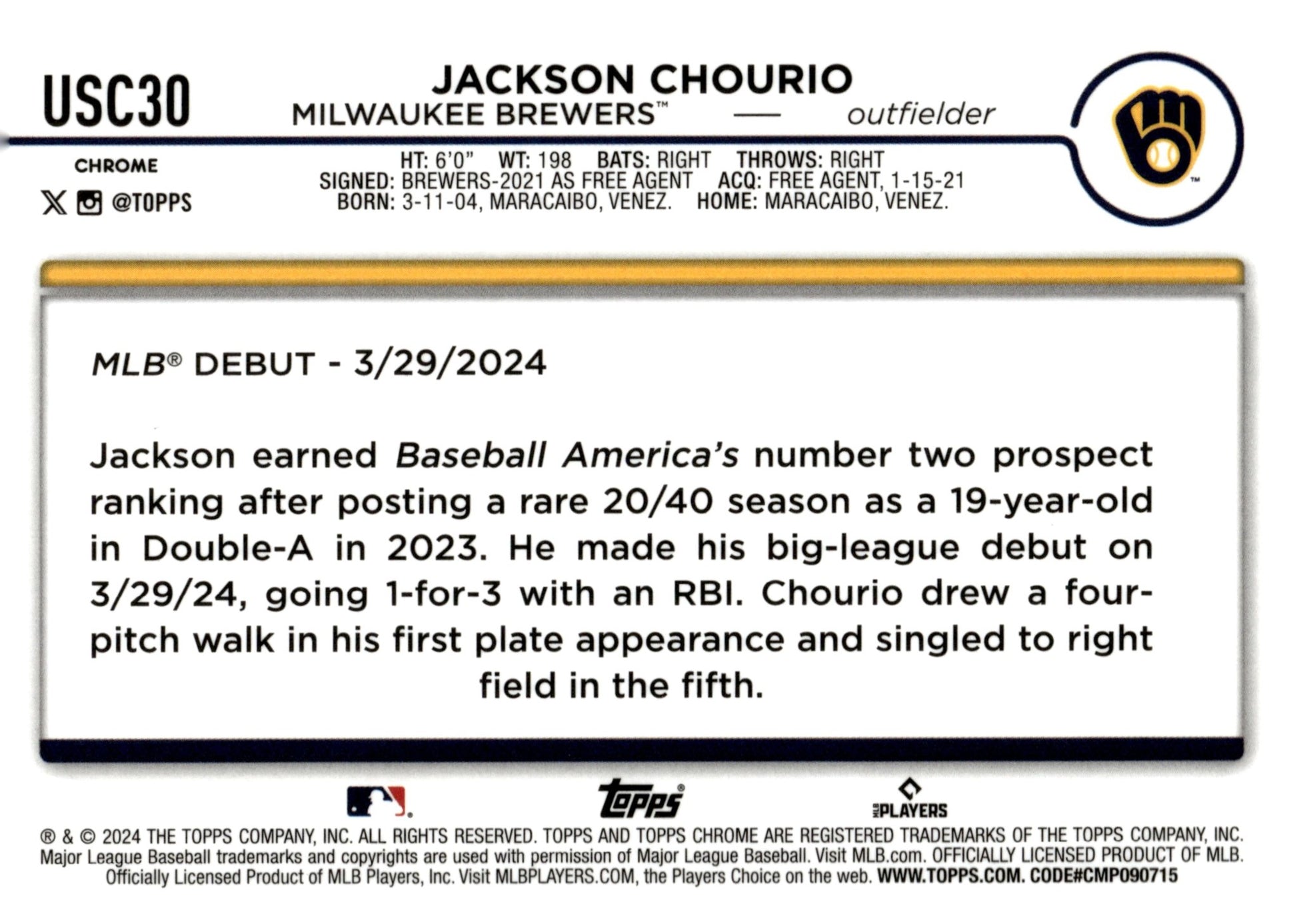 Jackson Chourio 2024 Topps Chrome RC #USC30 #2 - Collector Store LLC
