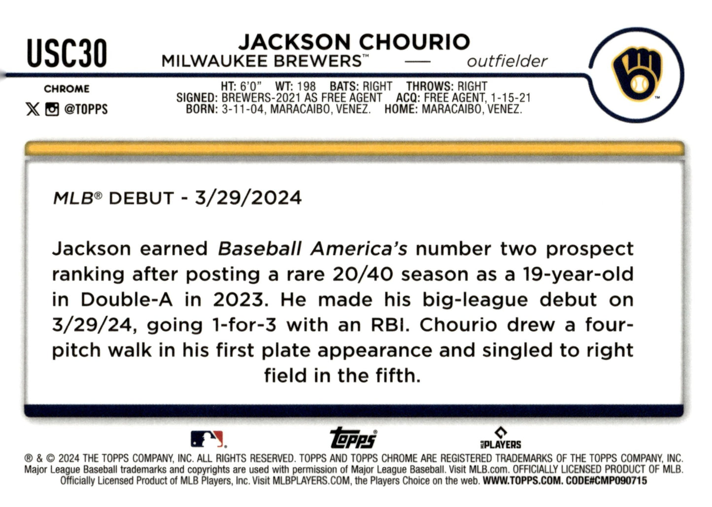 Jackson Chourio 2024 Topps Chrome RC USC30 - Collector Store LLC