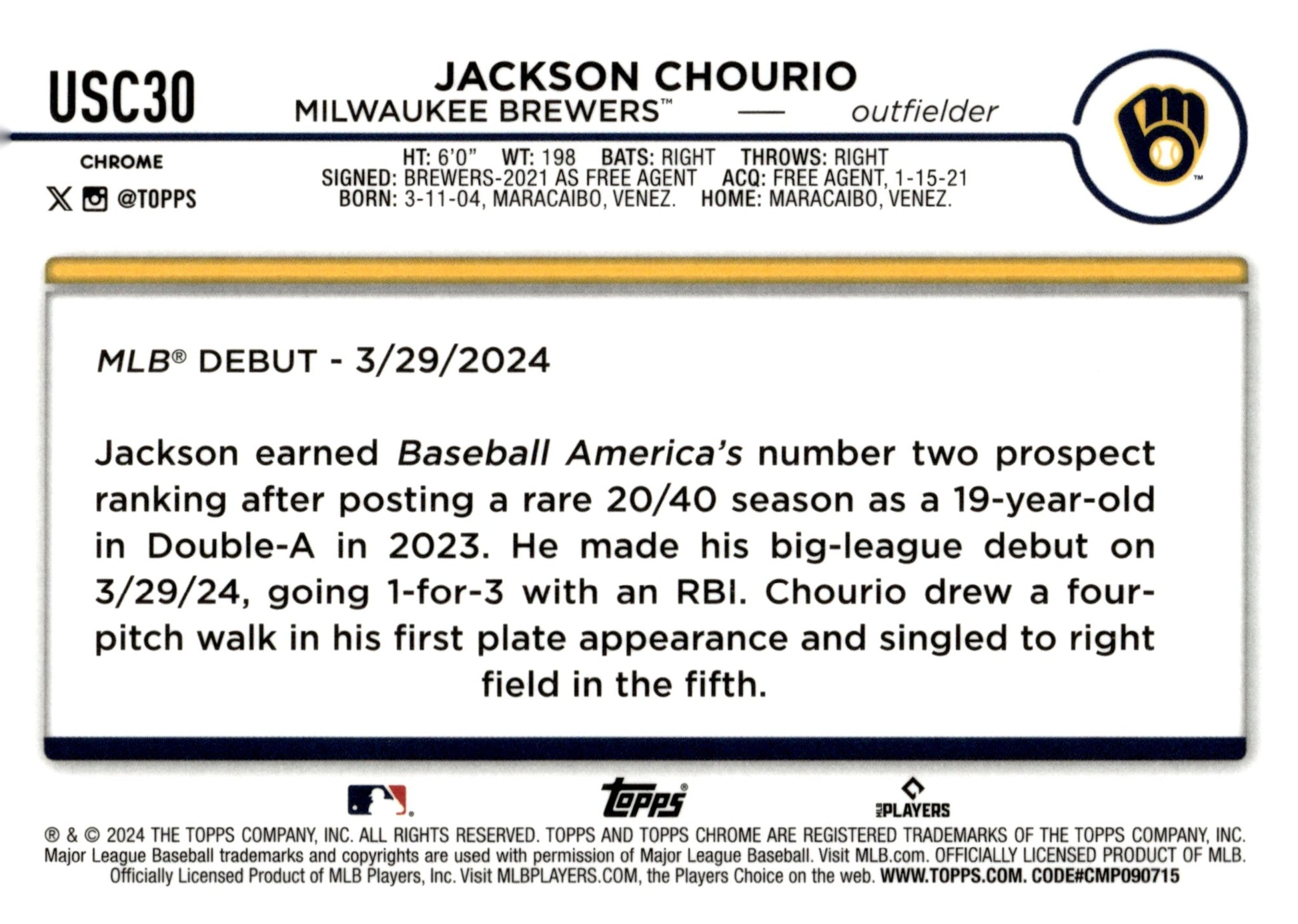 Jackson Chourio 2024 Topps Chrome RC USC30 - Collector Store LLC