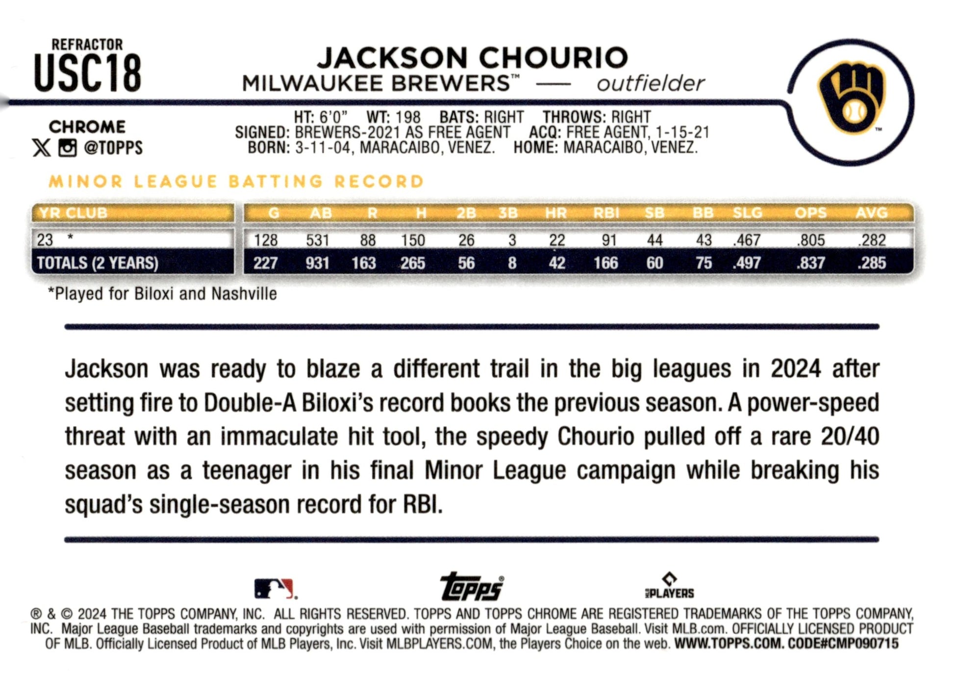 Jackson Chourio 2024 Topps Chrome Refractor RC #USC18 - Collector Store LLC
