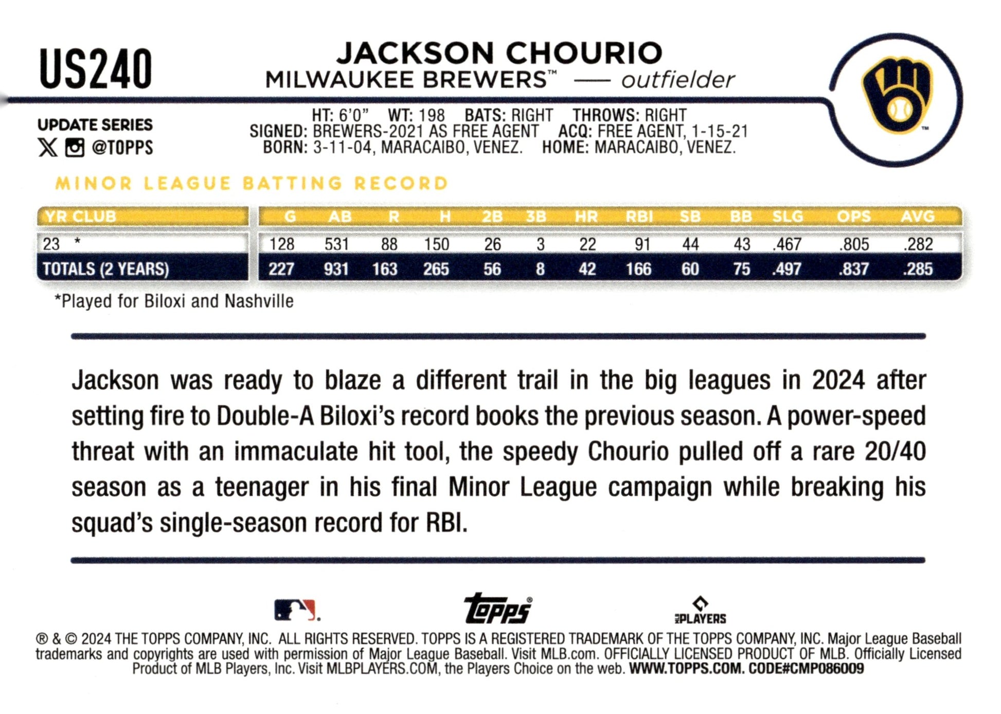 Jackson Chourio 2024 Topps Update Series RC US240 2 - Collector Store LLC