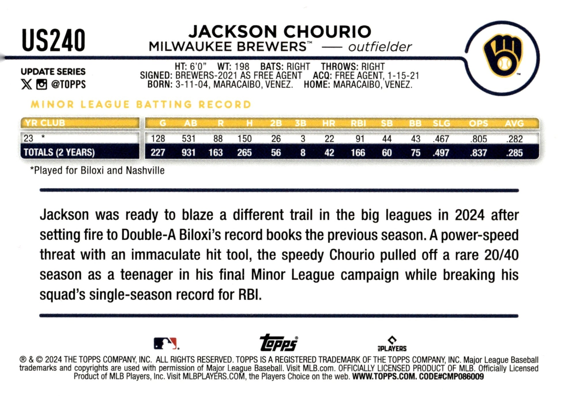 Jackson Chourio 2024 Topps Update Series RC #US240 - Collector Store LLC