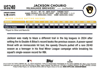 Jackson Chourio 2024 Topps Update Series RC #US240 - Collector Store LLC