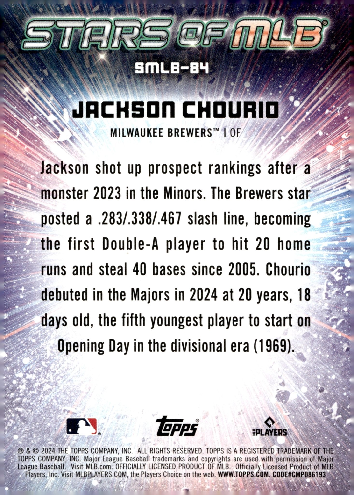 Jackson Chourio 2024 Topps Update Series Stars of MLB RC SMLB - 84 1 - Collector Store LLC