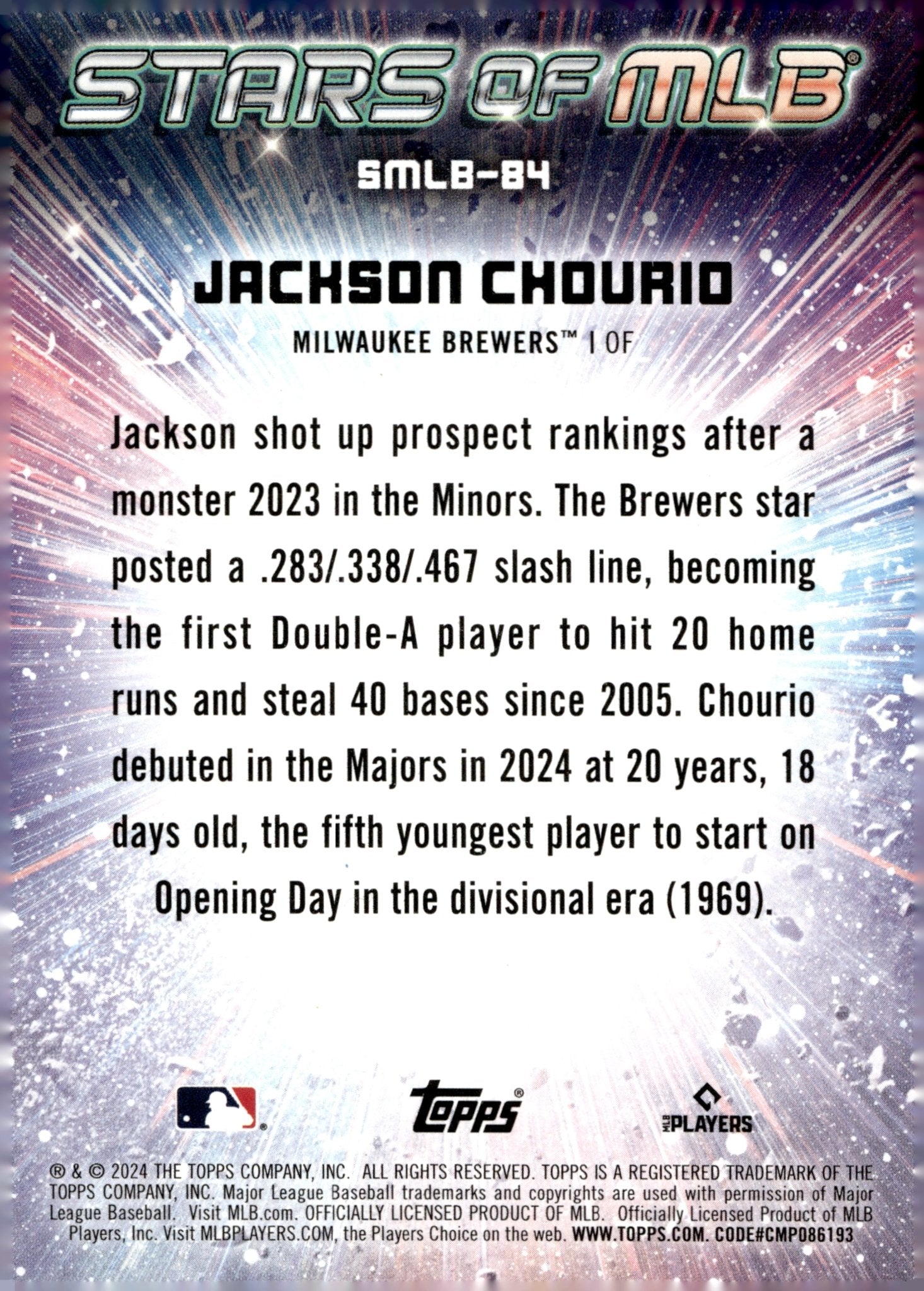 Jackson Chourio 2024 Topps Update Series Stars of MLB RC SMLB - 84 2 - Collector Store LLC