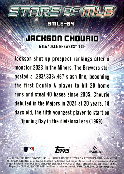 Jackson Chourio 2024 Topps Update Series Stars of MLB RC SMLB - 84 3 - Collector Store LLC