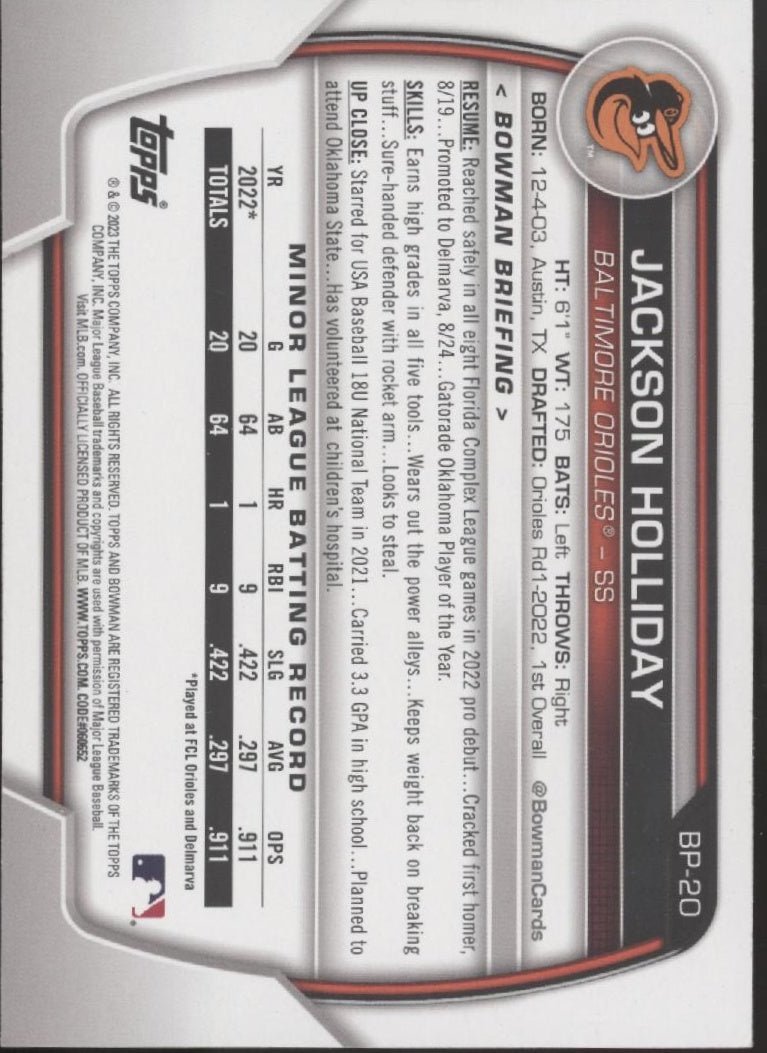 Jackson Holliday 2023 Bowman Prospects #BP - 20 - Collector Store LLC