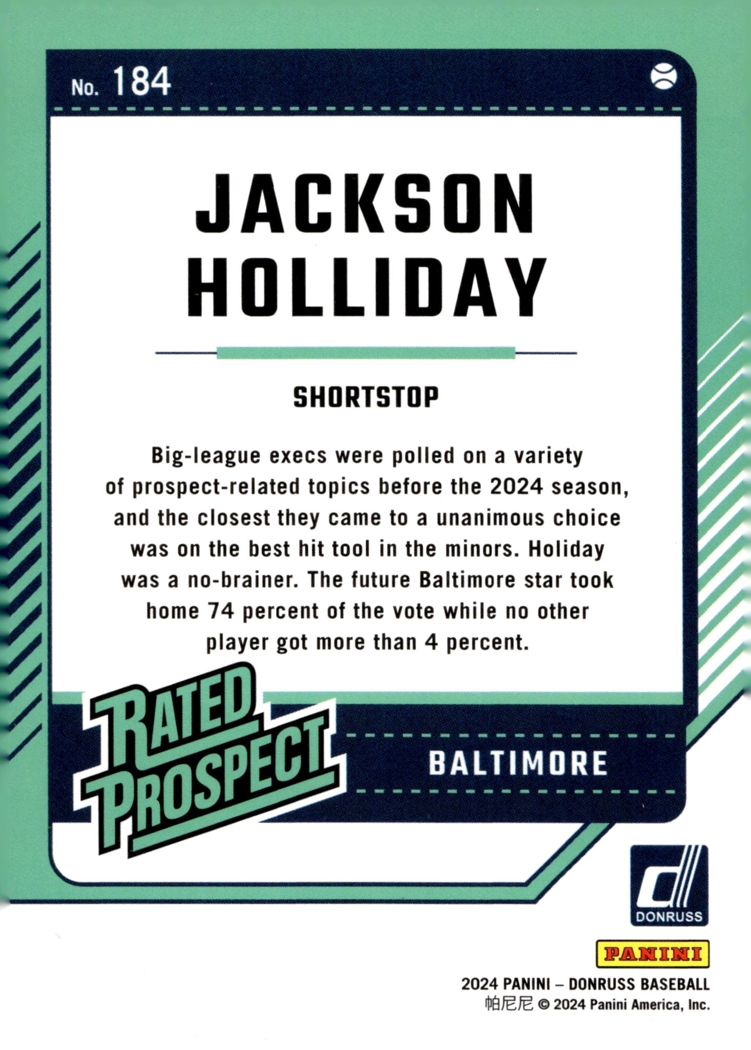 Jackson Holliday 2024 Panini Donruss Rated Prospect #184 #2 - Collector Store LLC