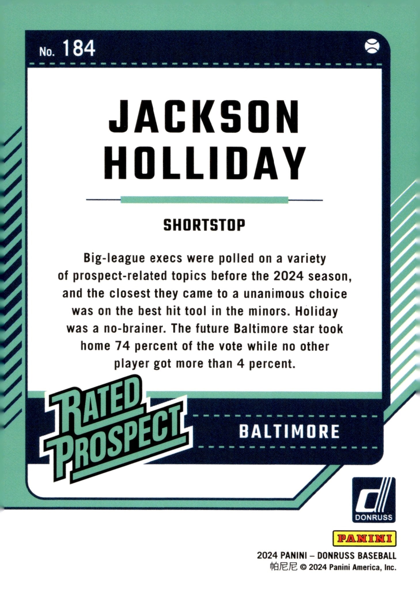 Jackson Holliday 2024 Panini Donruss Rated Prospect #184 #3 - Collector Store LLC