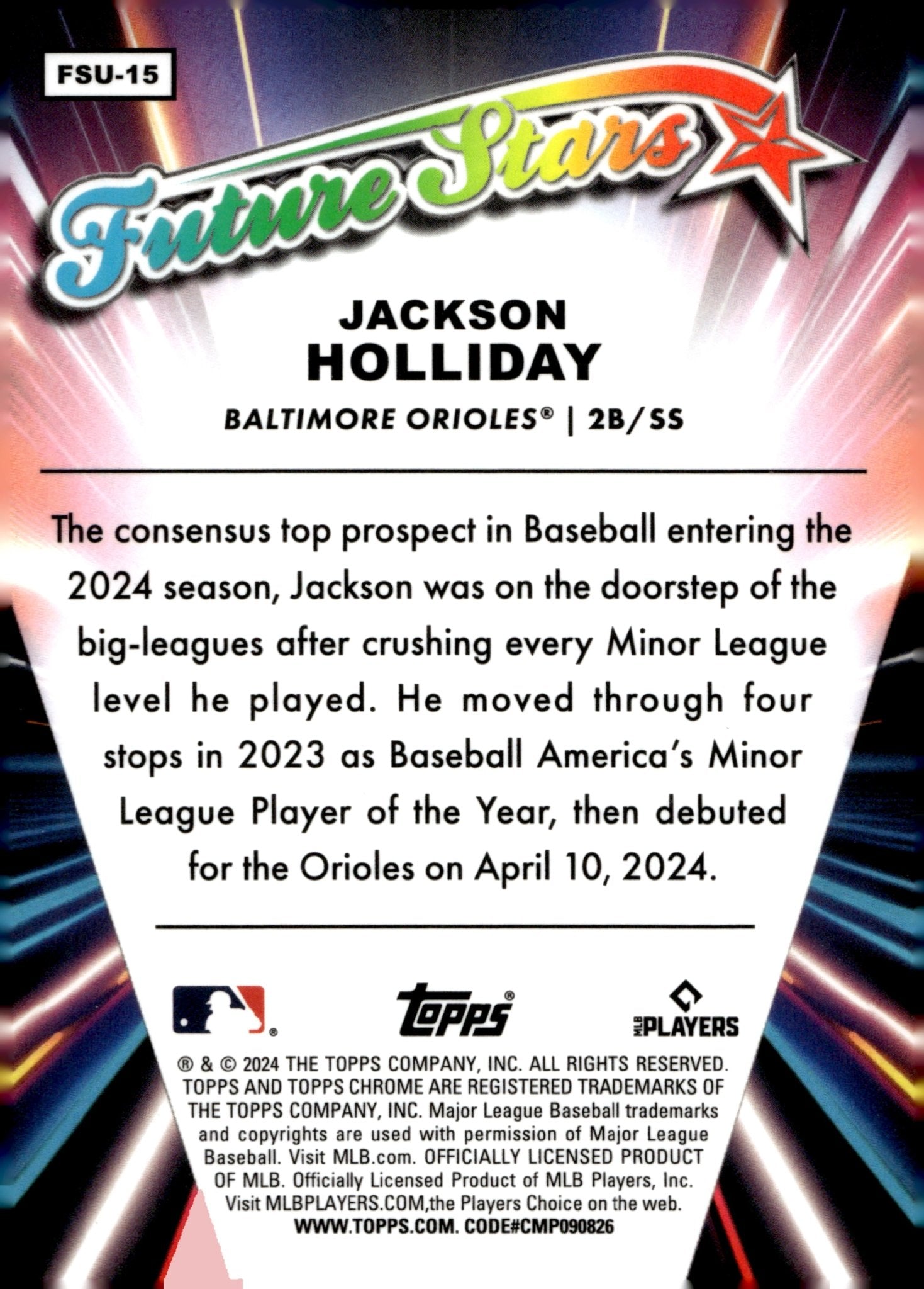 Jackson Holliday 2024 Topps Chrome Future Stars Refractor RC #FSU - 15 #1 - Collector Store LLC