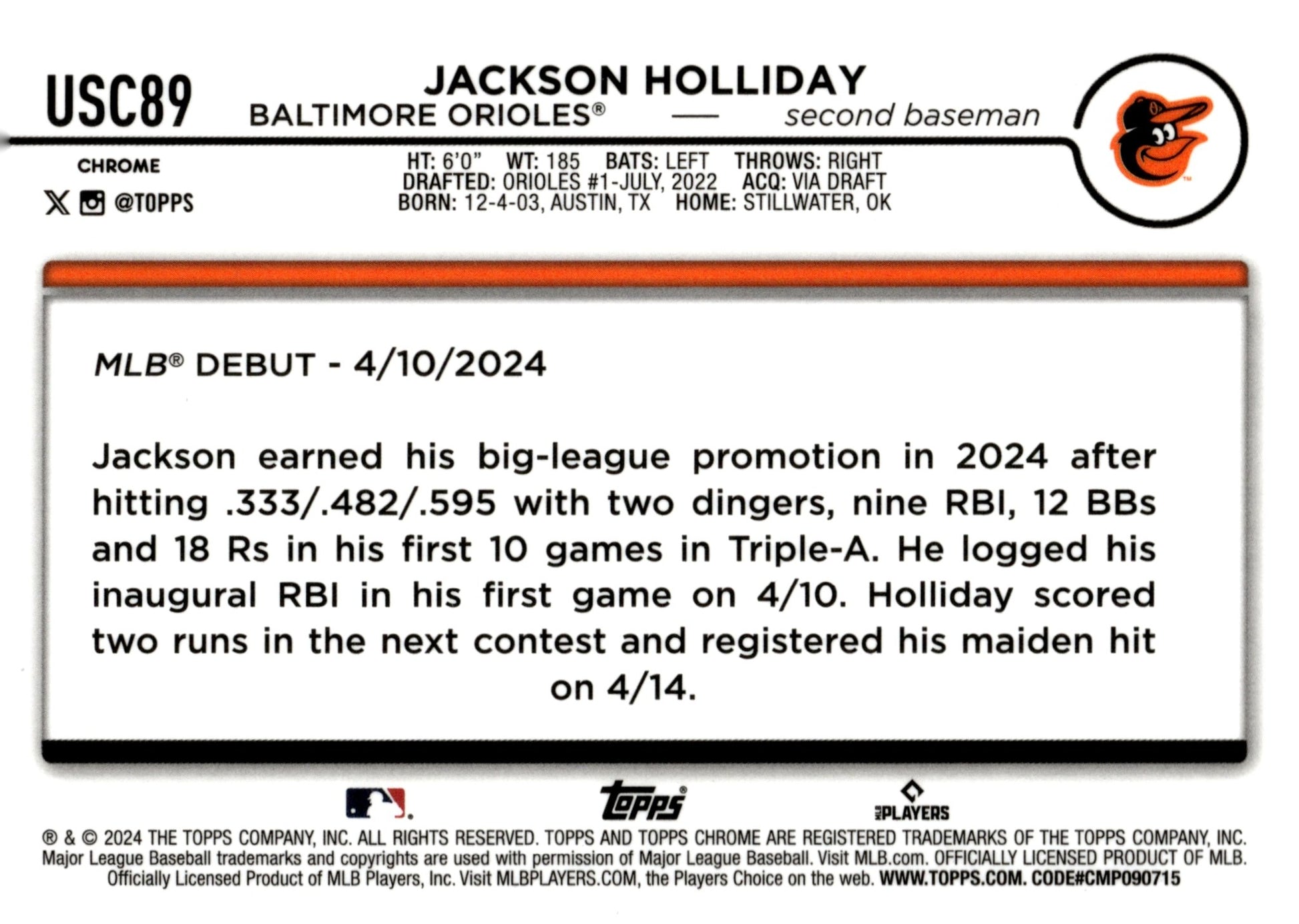 Jackson Holliday 2024 Topps Chrome RC #USC89 - Collector Store LLC