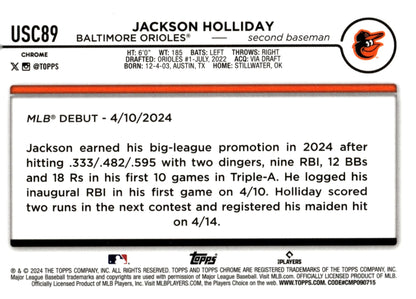 Jackson Holliday 2024 Topps Chrome RC USC89 2 - Collector Store LLC
