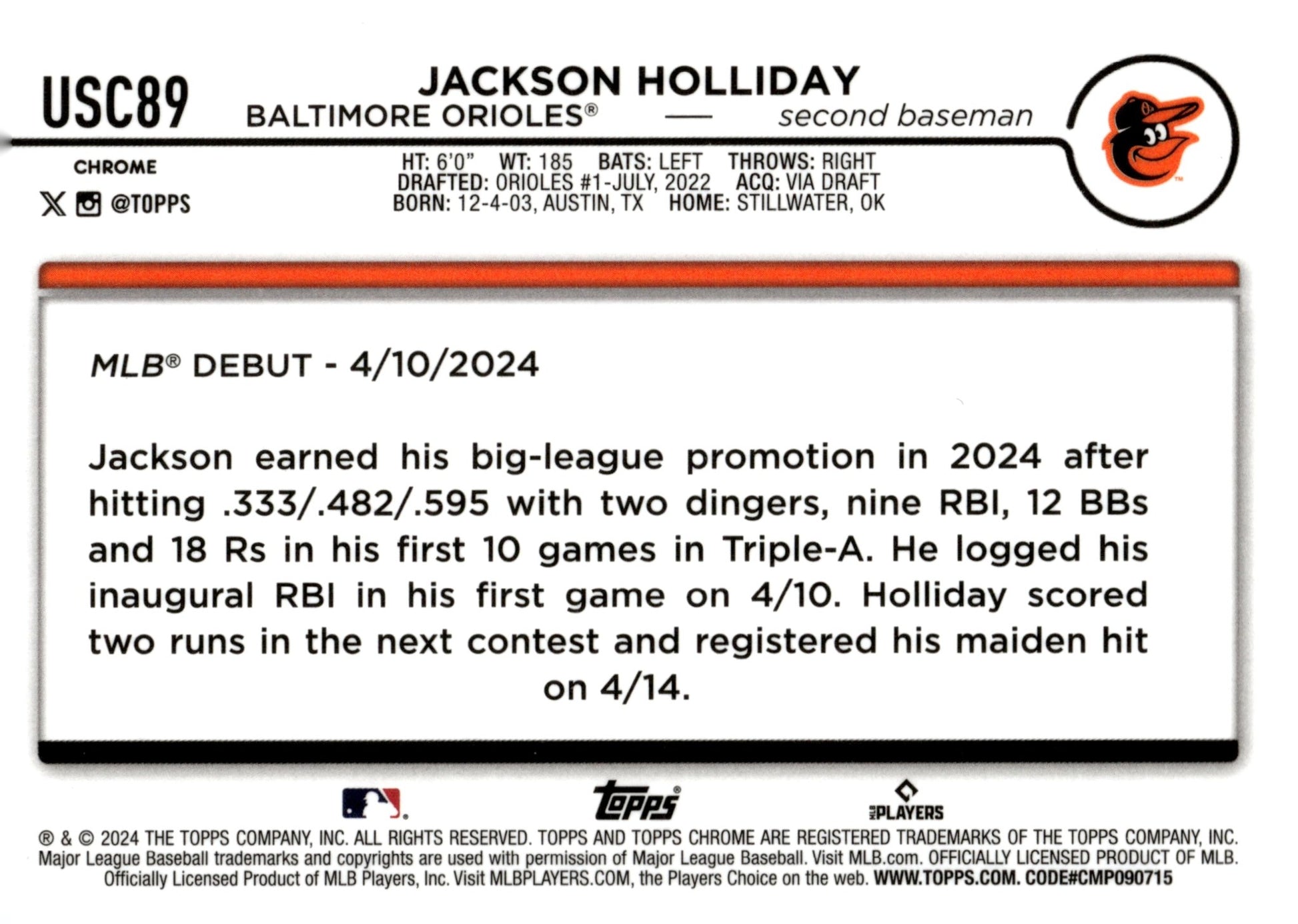 Jackson Holliday 2024 Topps Chrome RC USC89 3 - Collector Store LLC