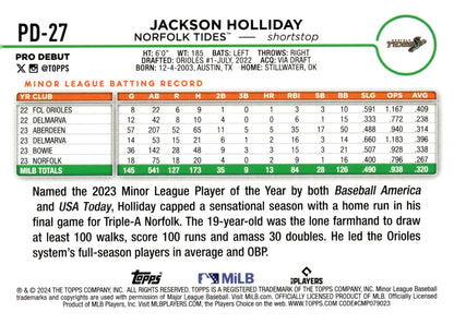 Jackson Holliday 2024 Topps Pro Debut RC #PD - 27 #1 - Collector Store LLC