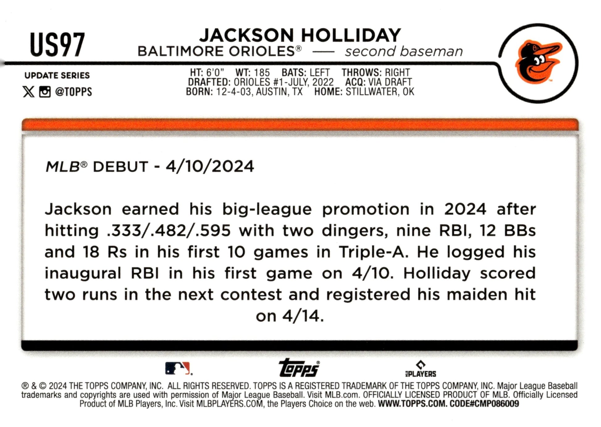 Jackson Holliday 2024 Topps Update Series RC Foil #US97 - Collector Store LLC