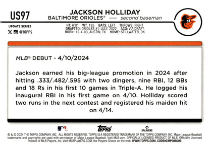 Jackson Holliday 2024 Topps Update Series RC Foil #US97 - Collector Store LLC